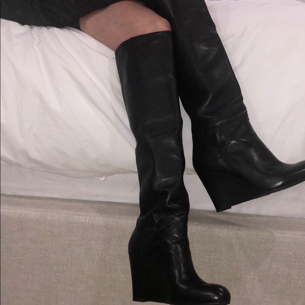 Stuart Weitzman Black Nappa High Boot with Wedge